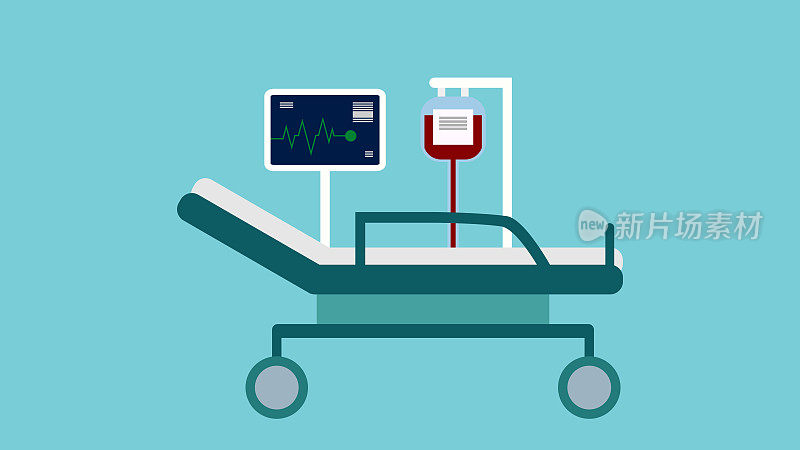 Hospital bed, pulse trace machine, blood transfusion, blood serum.